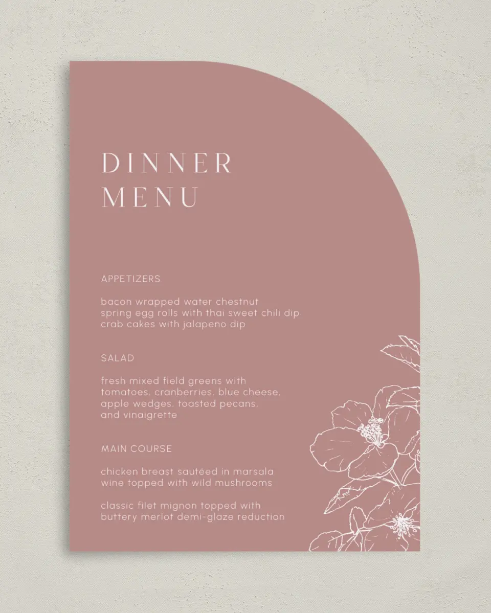 This is a 5" x 7" Wedding Menu Card called The Kinsley printed in full color with Silver foil on Luxe Satin paper