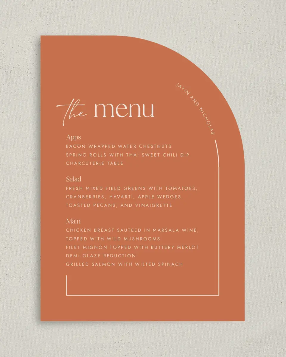 This is a 5" x 7" Wedding Menu Card called The Jaylin printed in full color on Premium Smooth paper