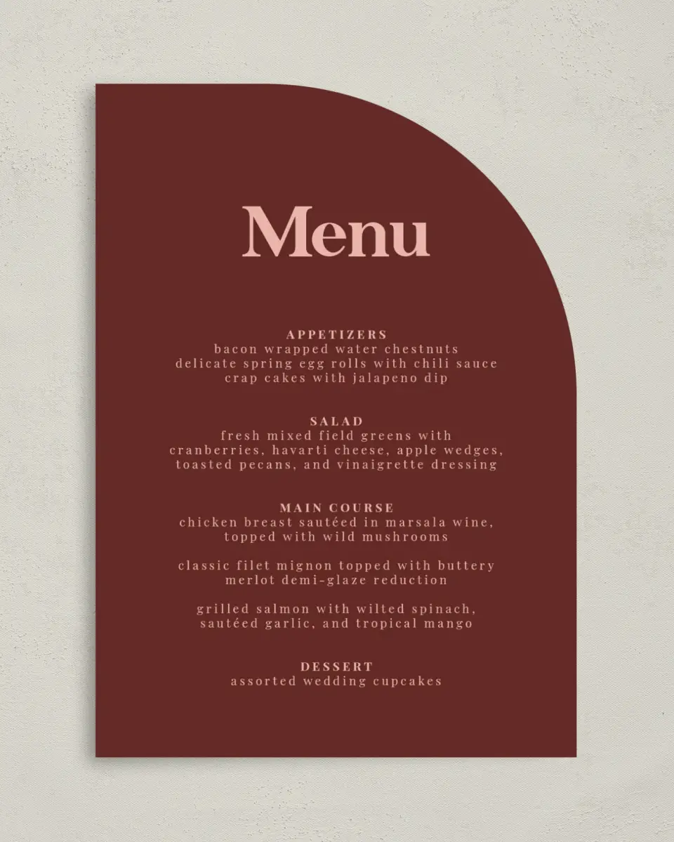 This is a 5" x 7" Wedding Menu Card called The Laura printed in full color on Premium Smooth paper