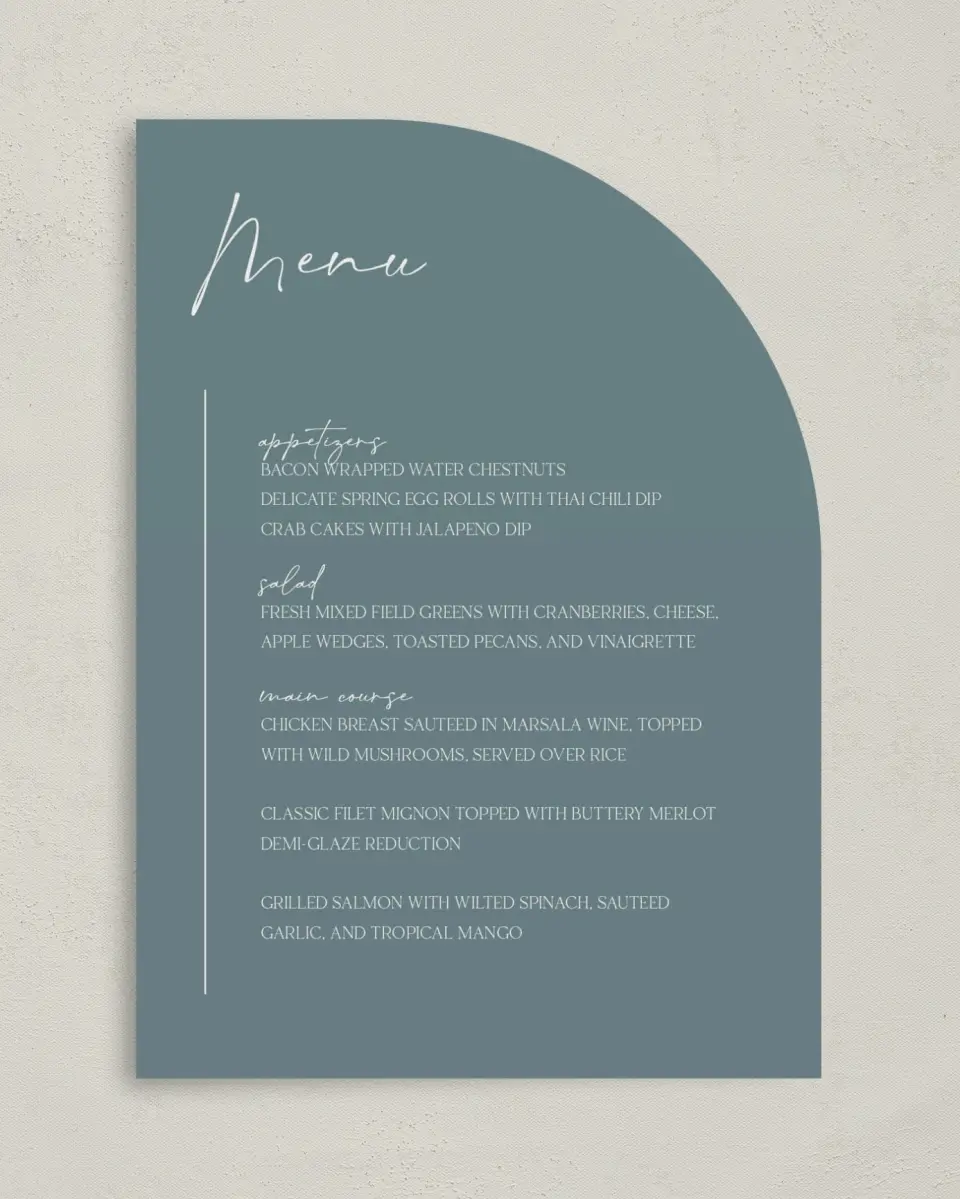 This is a 5" x 7" Wedding Menu Card called The Ashlynn printed in full color on Premium Smooth paper