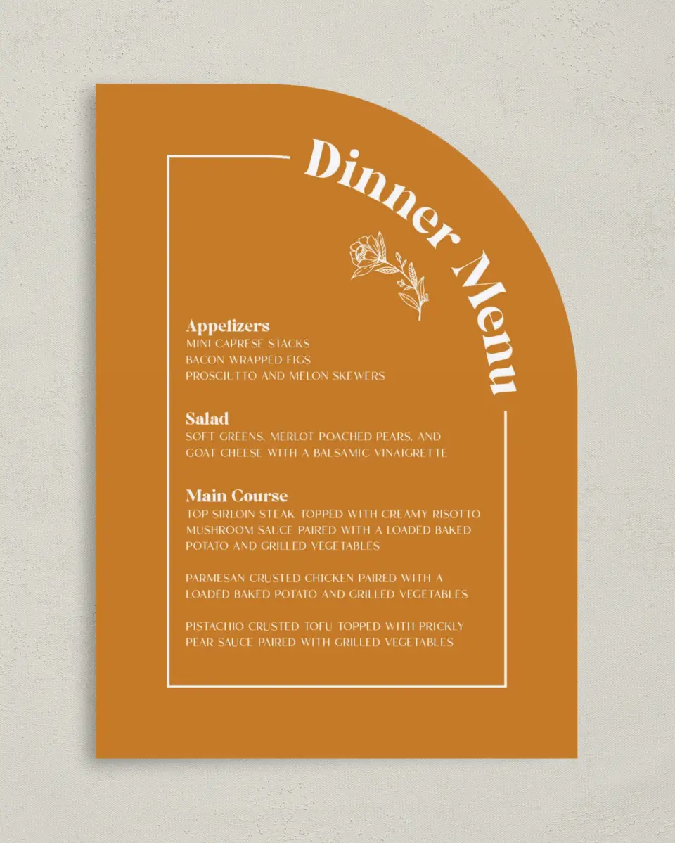 This is a 5" x 7" Wedding Menu Card called The Kandice printed in full color on Premium Smooth paper
