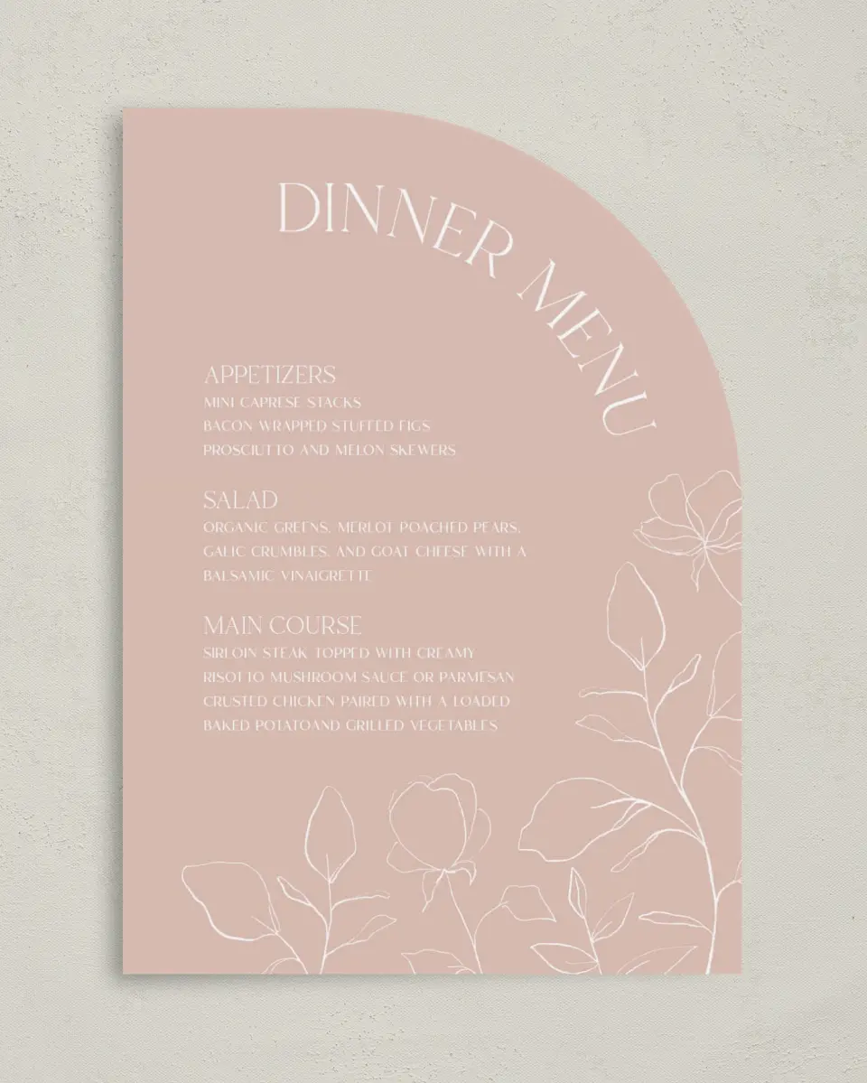 This is a 5" x 7" Wedding Menu Card called The Sadie printed in full color on Premium Smooth paper