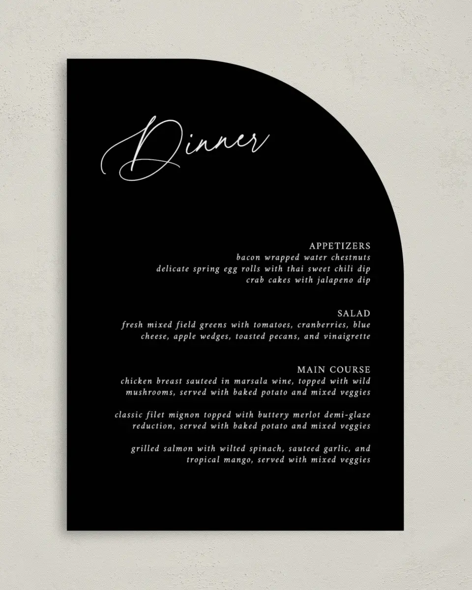 This is a 5" x 7" Wedding Menu Card called The Christina printed in full color on Premium Smooth paper