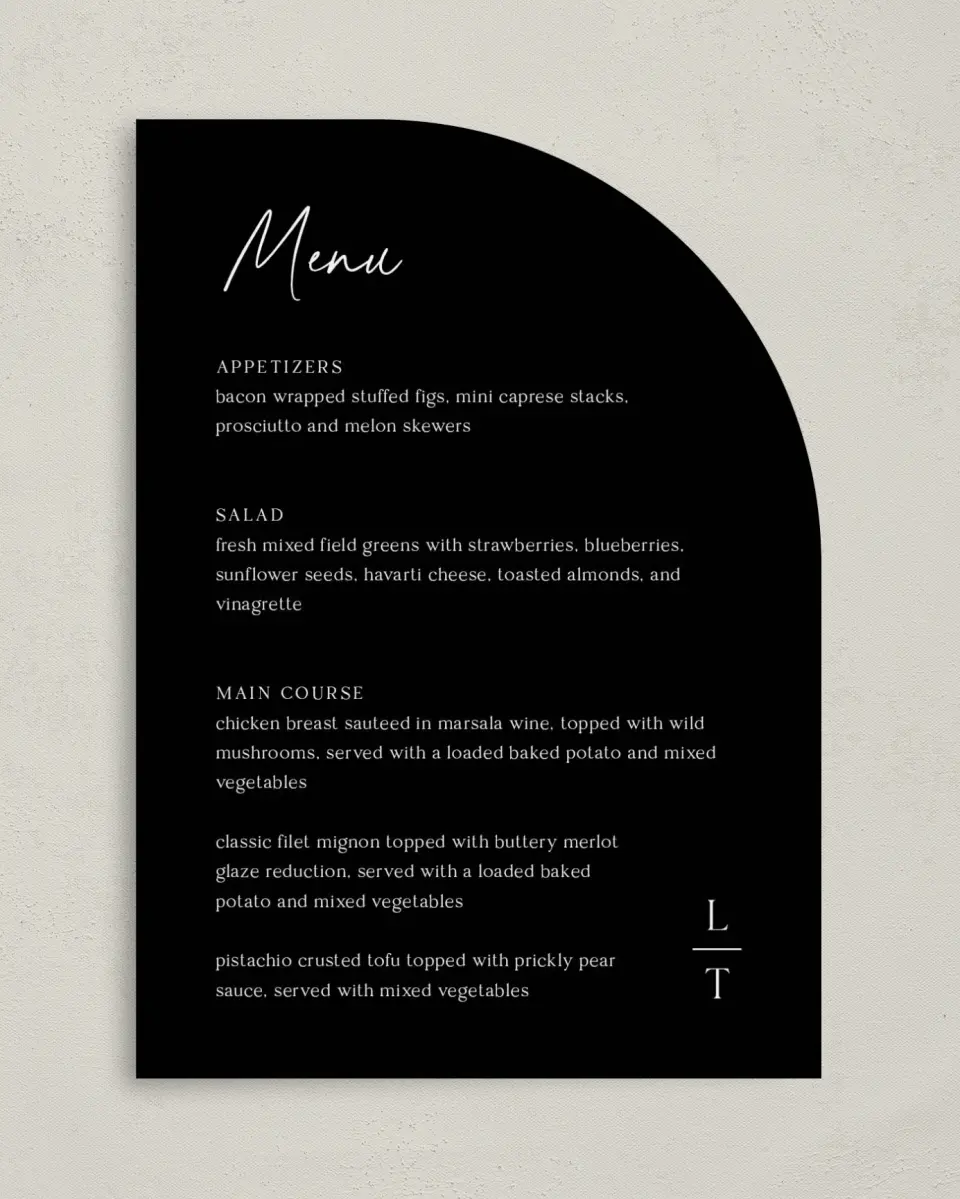 This is a 5" x 7" Wedding Menu Card called The Lauren printed in full color on Premium Smooth paper