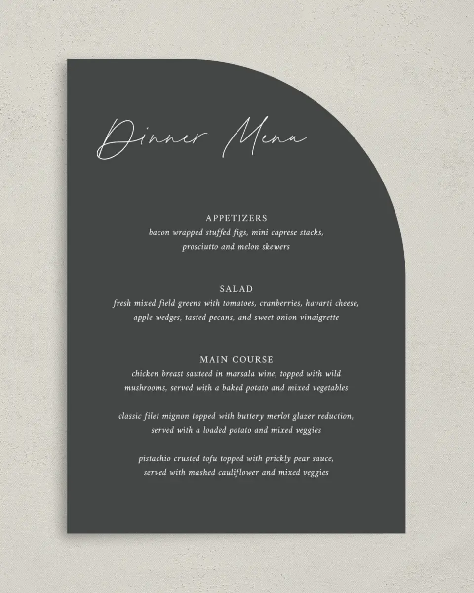 This is a 5" x 7" Wedding Menu Card called The Madelyn printed in full color on Premium Smooth paper