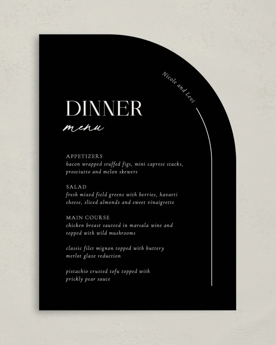 This is a 5" x 7" Wedding Menu Card called The Nicole printed in full color on Premium Smooth paper