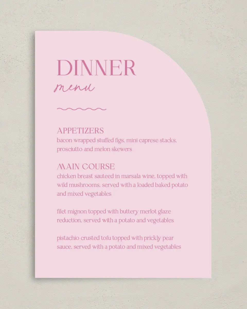 This is a 5" x 7" Wedding Menu Card called The Taylor printed in full color on Premium Smooth paper