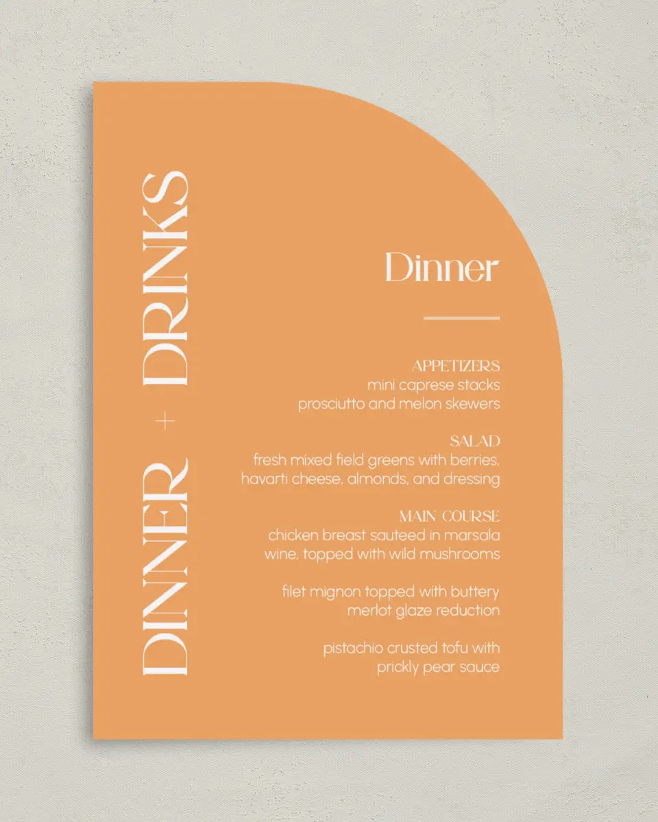 This is a 5" x 7" Wedding Menu Card called The Leah printed in full color on Premium Smooth paper