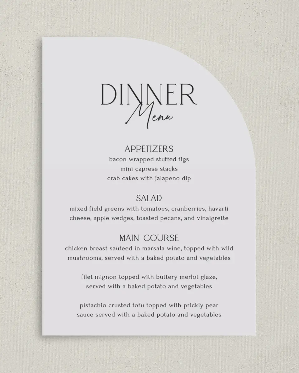 This is a 5" x 7" Wedding Menu Card called The Caroline printed in full color with Silver foil on Luxe Satin paper