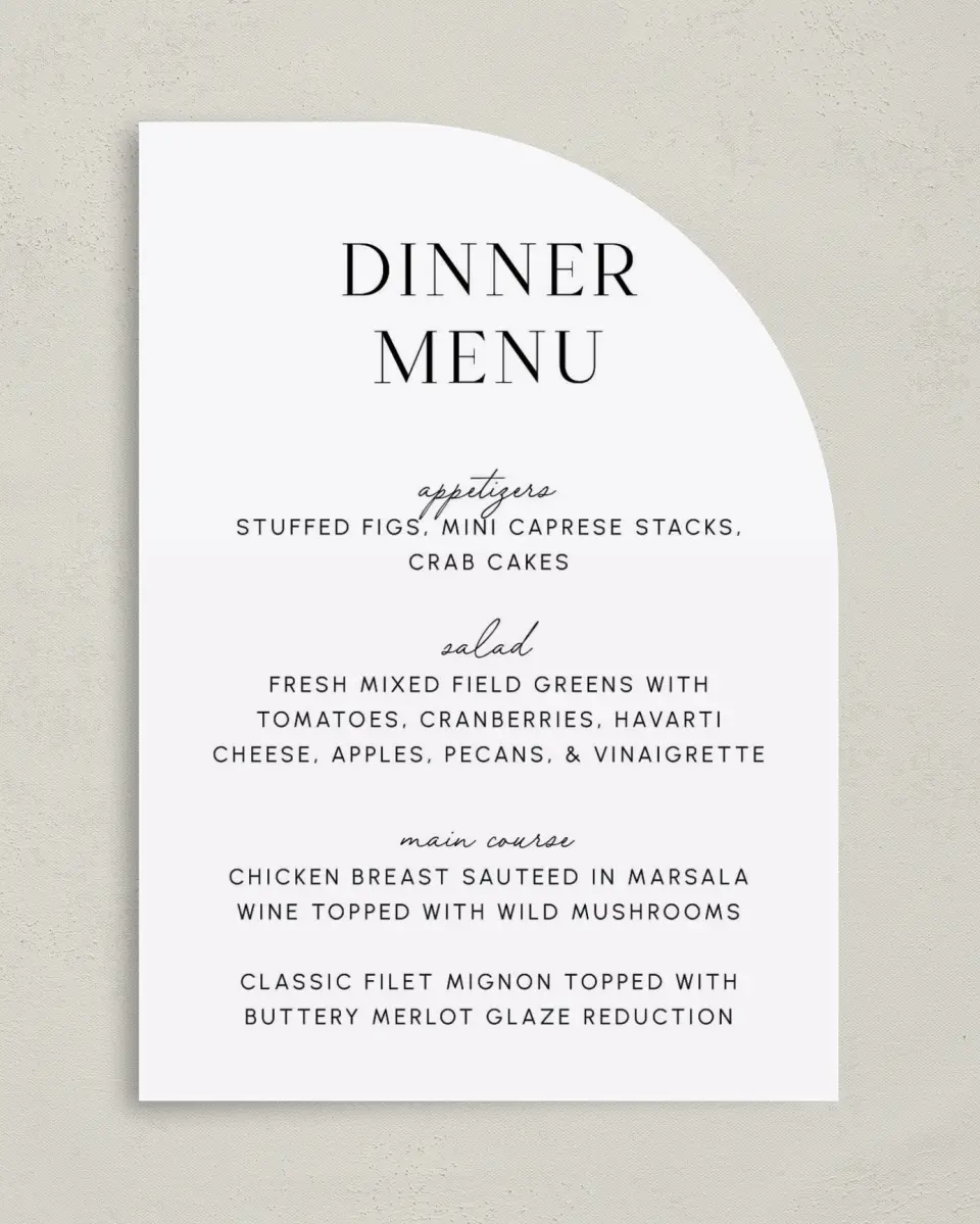 This is a 5" x 7" Wedding Menu Card called The Isabella printed in full color on Premium Smooth paper