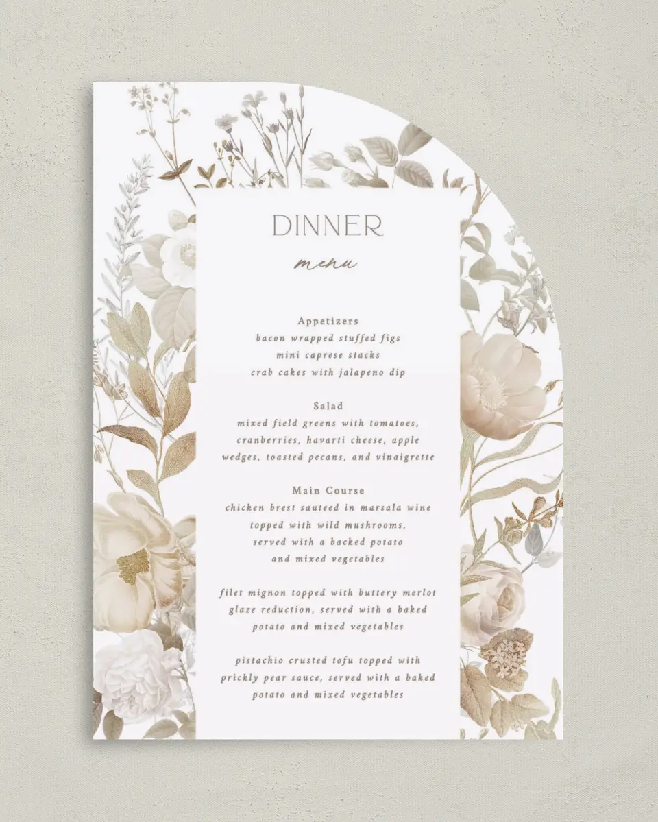 This is a 5" x 7" Wedding Menu Card called The Everly printed in full color on Premium Smooth paper