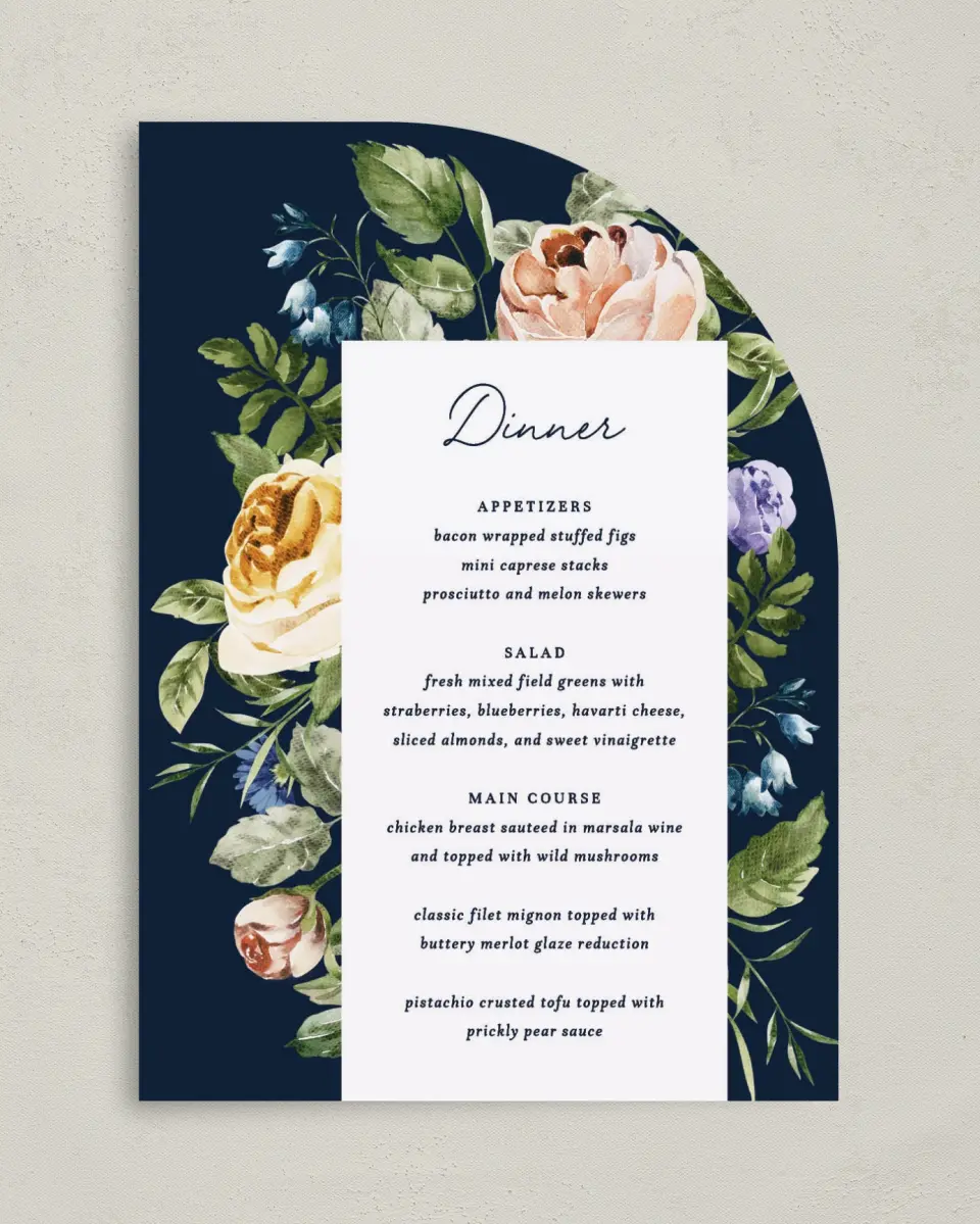This is a 5" x 7" Wedding Menu Card called The Natalie printed in full color on Premium Smooth paper
