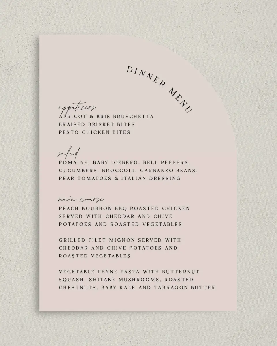This is a 5" x 7" Wedding Menu Card called The Samantha printed in full color on Premium Smooth paper