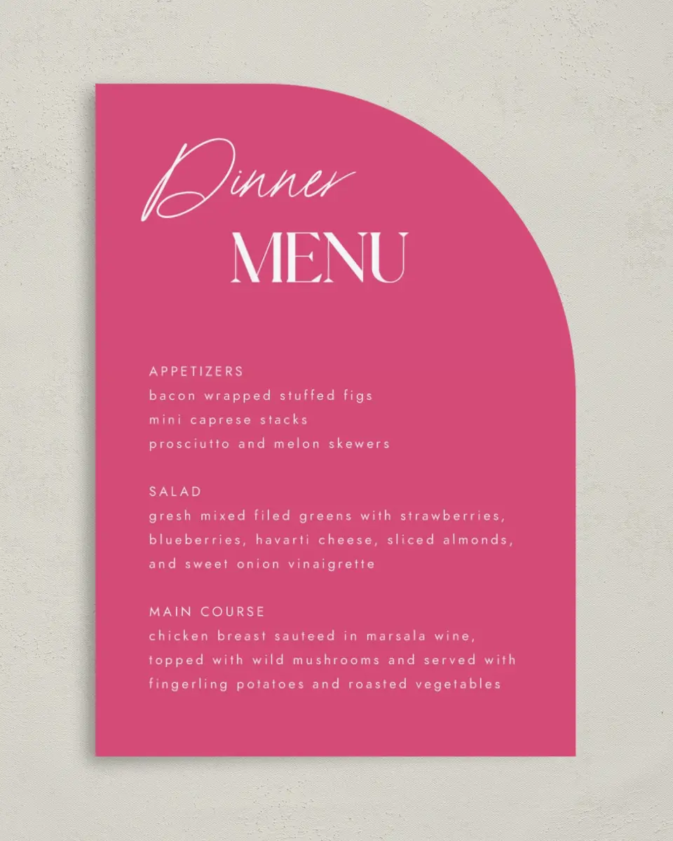 This is a 5" x 7" Wedding Menu Card called The Andrea printed in full color on Premium Smooth paper