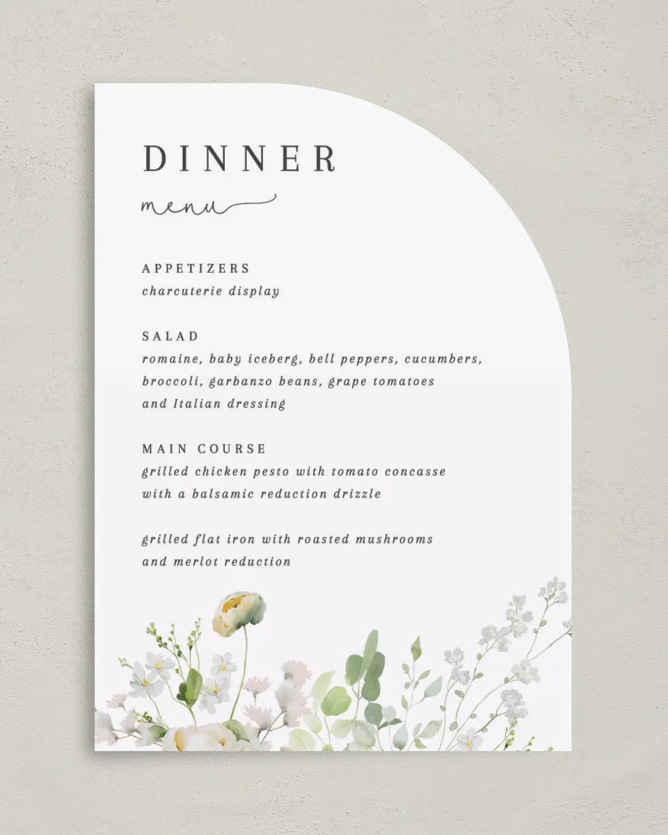 This is a 5" x 7" Wedding Menu Card called The Zoey printed in full color on Premium Smooth paper