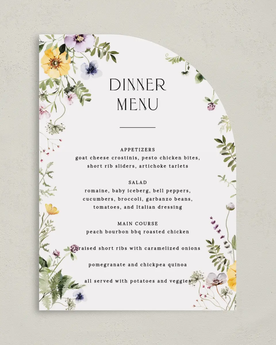 This is a 5" x 7" Wedding Menu Card called The Ruby printed in full color on Premium Smooth paper