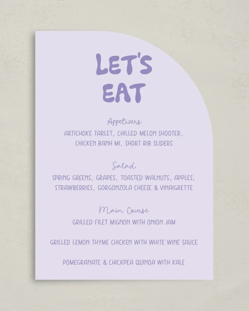 This is a 5" x 7" Wedding Menu Card called The Karly printed in full color on Premium Smooth paper