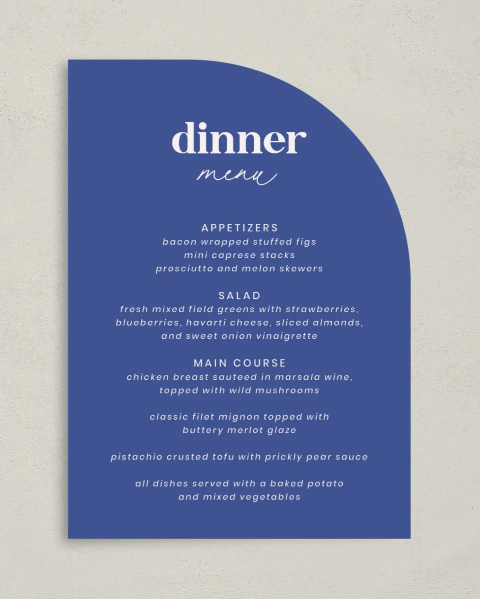 This is a 5" x 7" Wedding Menu Card called The Kassidy printed in full color on Premium Smooth paper