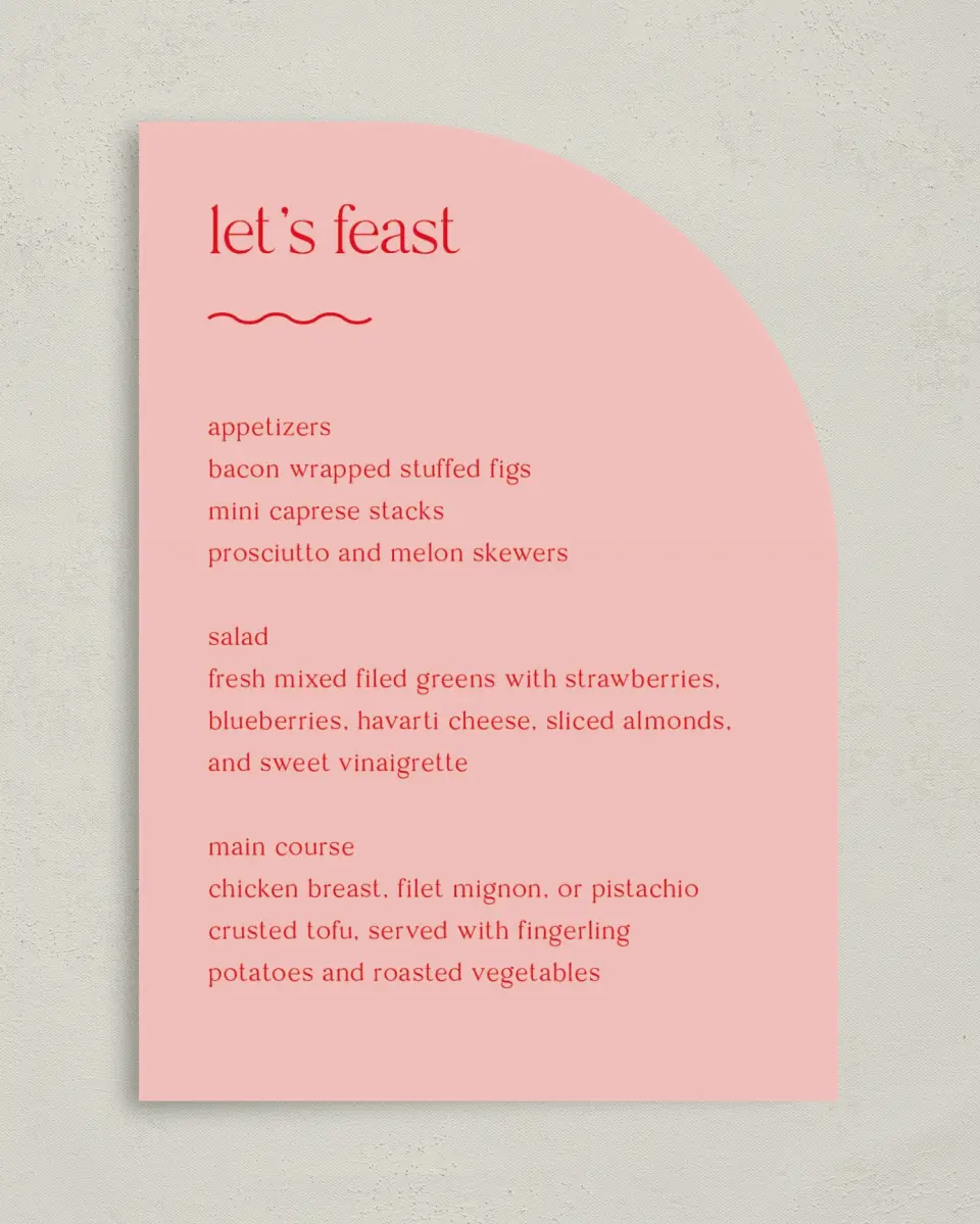 This is a 5" x 7" Wedding Menu Card called The Delaney printed in full color on Premium Smooth paper