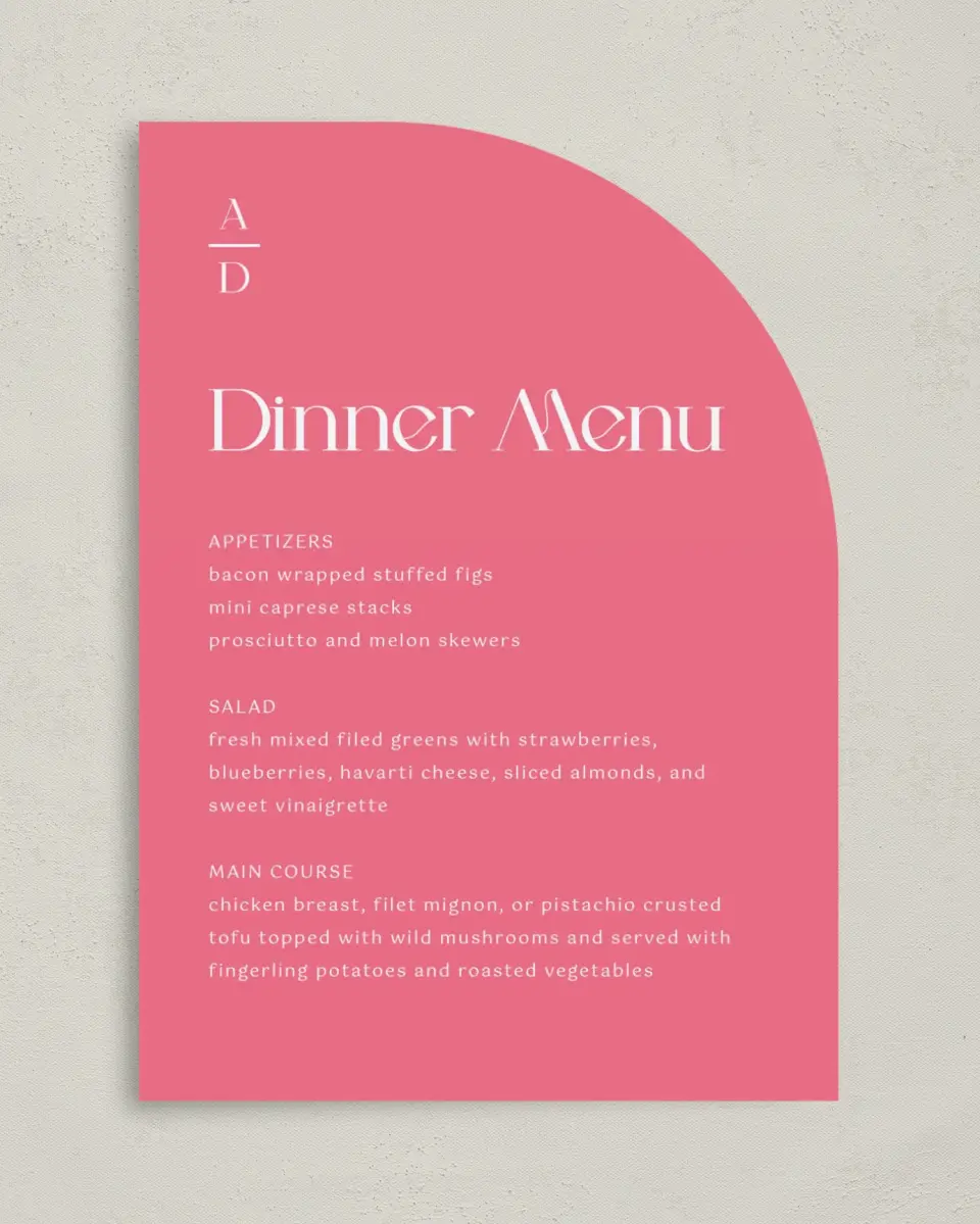 This is a 5" x 7" Wedding Menu Card called The Abigail printed in full color on Premium Smooth paper