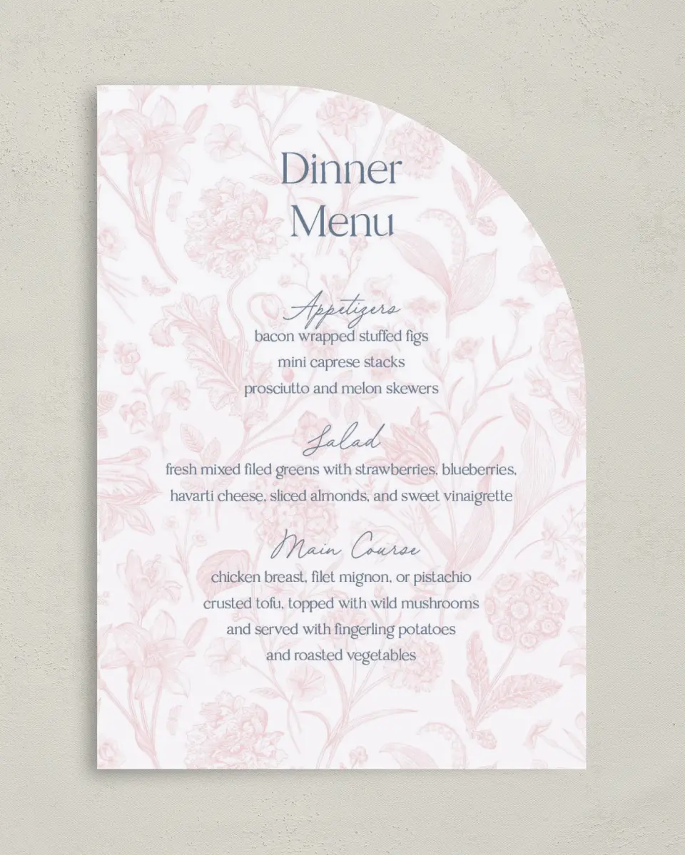 This is a 5" x 7" Wedding Menu Card called The Gabriella printed in full color on Premium Smooth paper
