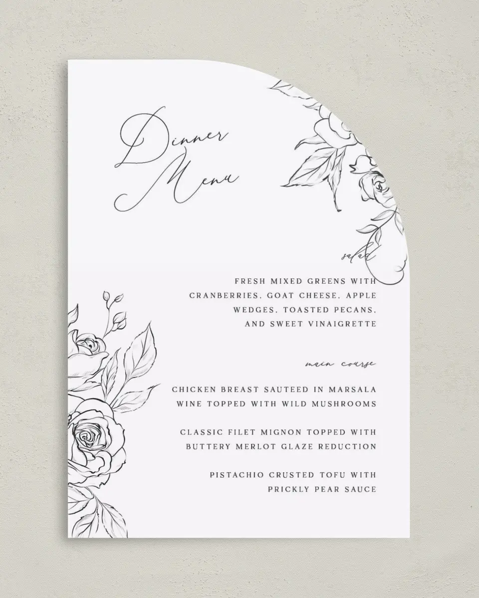 This is a 5" x 7" Wedding Menu Card called The Anabelle printed in full color on Premium Smooth paper