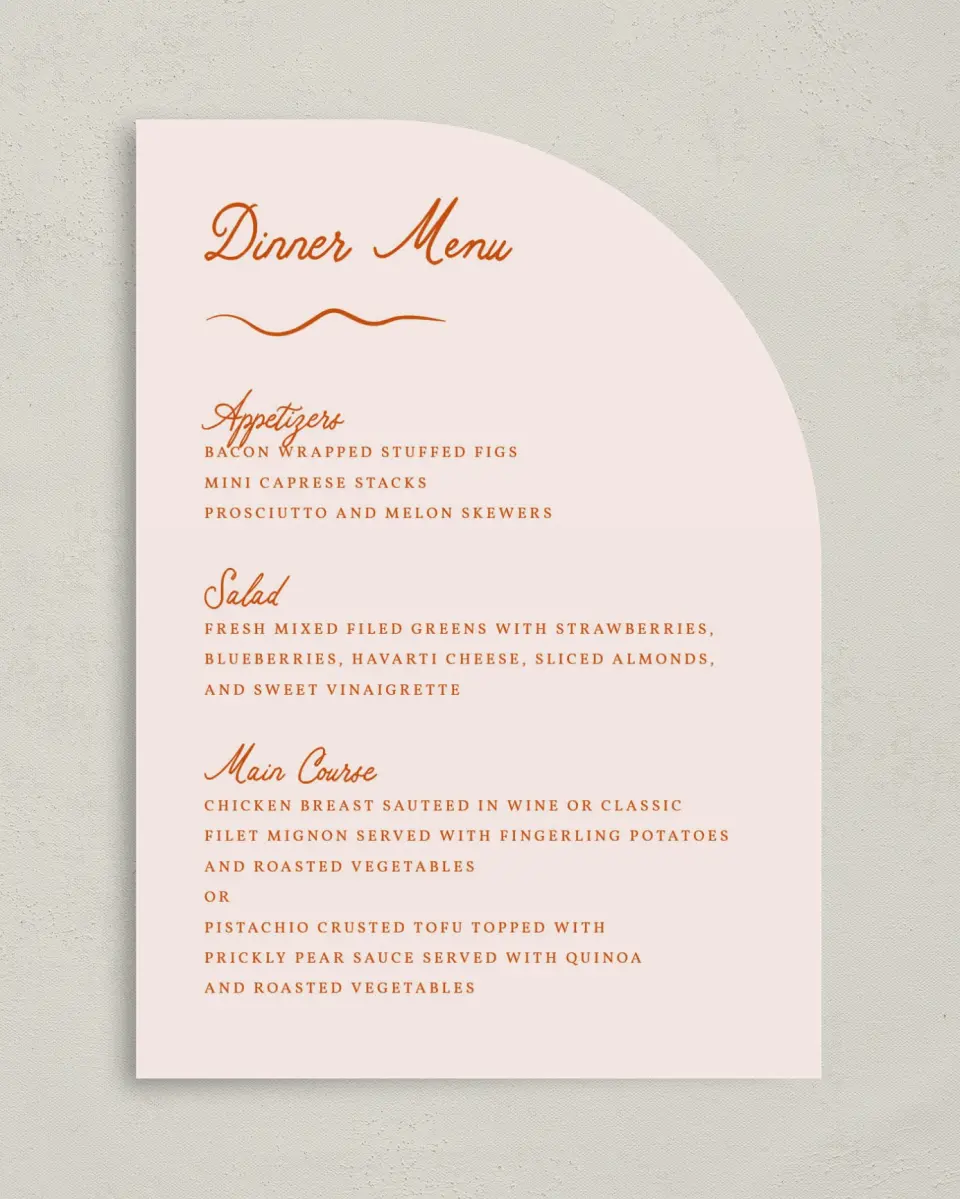This is a 5" x 7" Wedding Menu Card called The Kennedy printed in full color on Premium Smooth paper