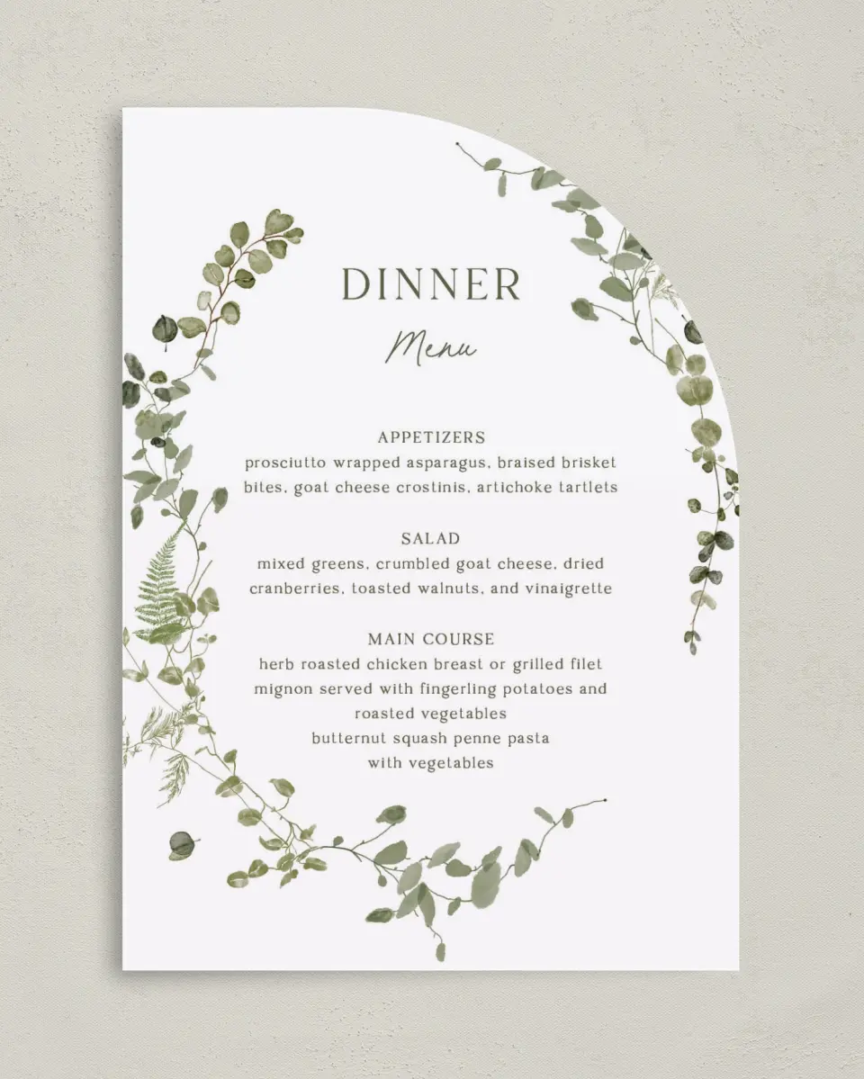 This is a 5" x 7" Wedding Menu Card called The Hailey printed in full color on Premium Smooth paper