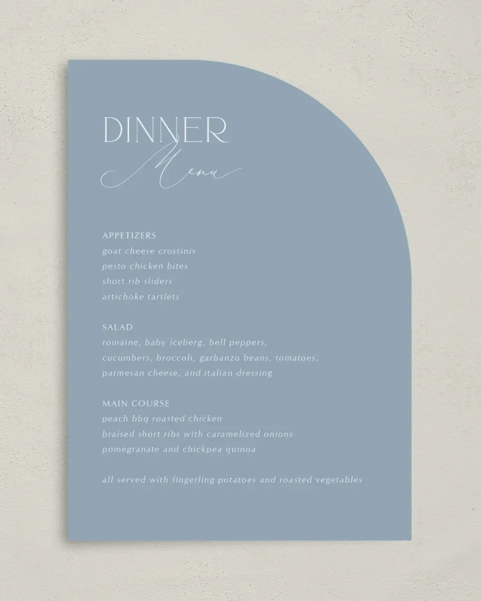 This is a 5" x 7" Wedding Menu Card called The Victoria printed in full color on Premium Smooth paper
