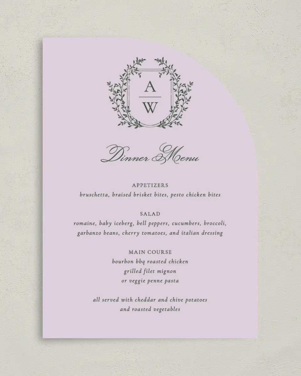 This is a 5" x 7" Wedding Menu Card called The Adaline printed in full color on Premium Smooth paper