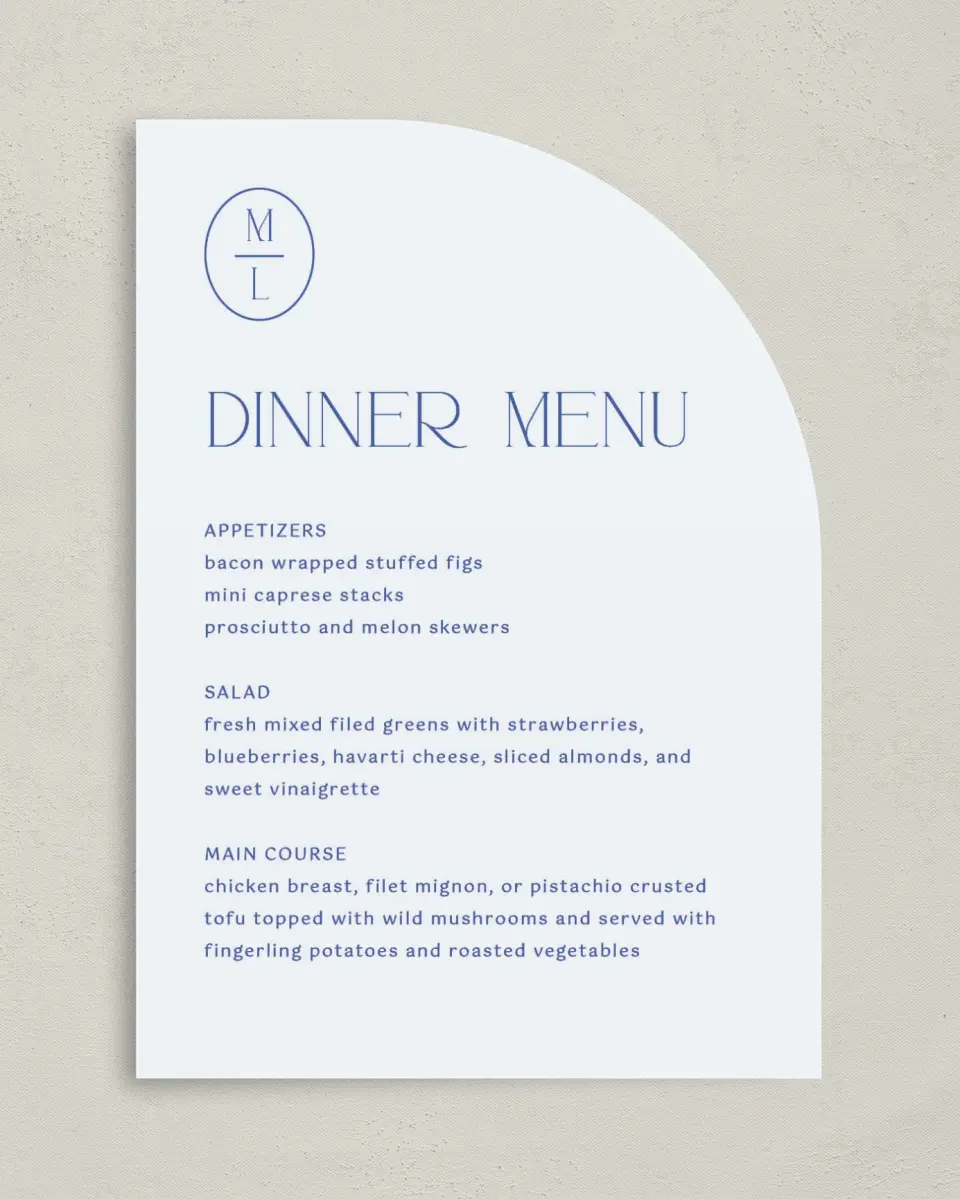 This is a 5" x 7" Wedding Menu Card called The Mila printed in full color on Premium Smooth paper