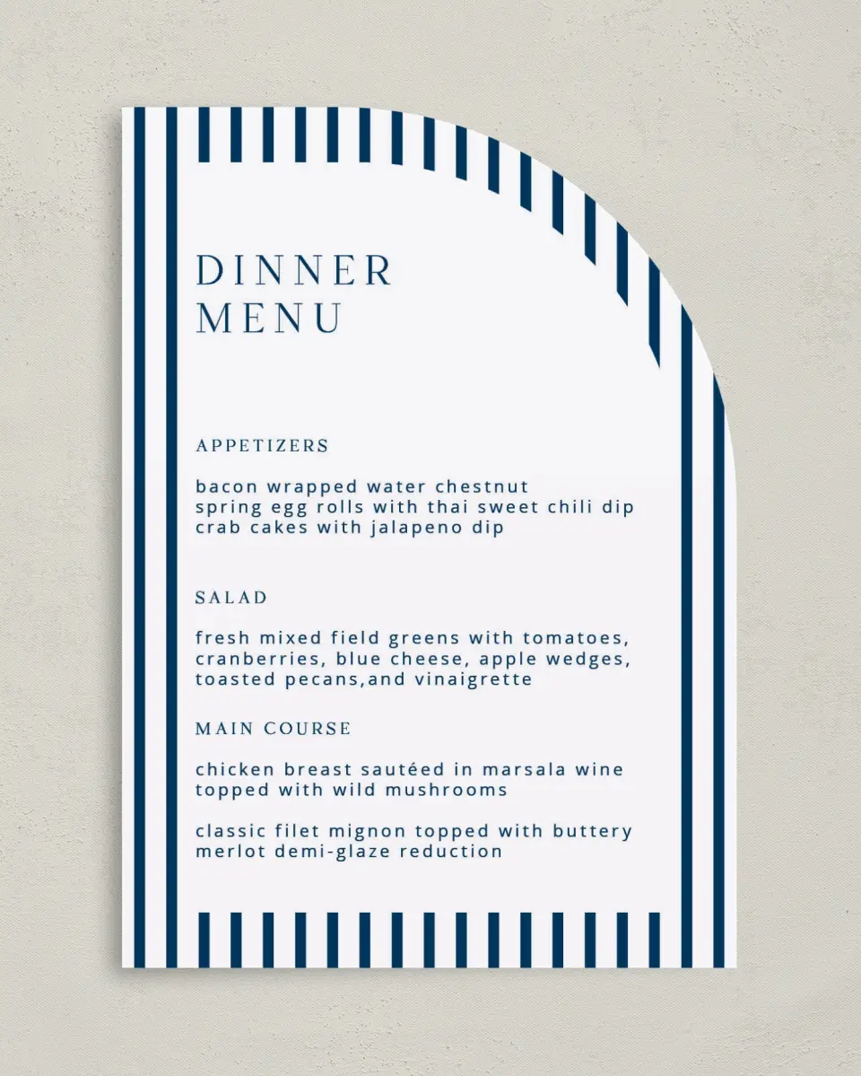 This is a 5" x 7" Wedding Menu Card called The Addison printed in full color on Premium Smooth paper