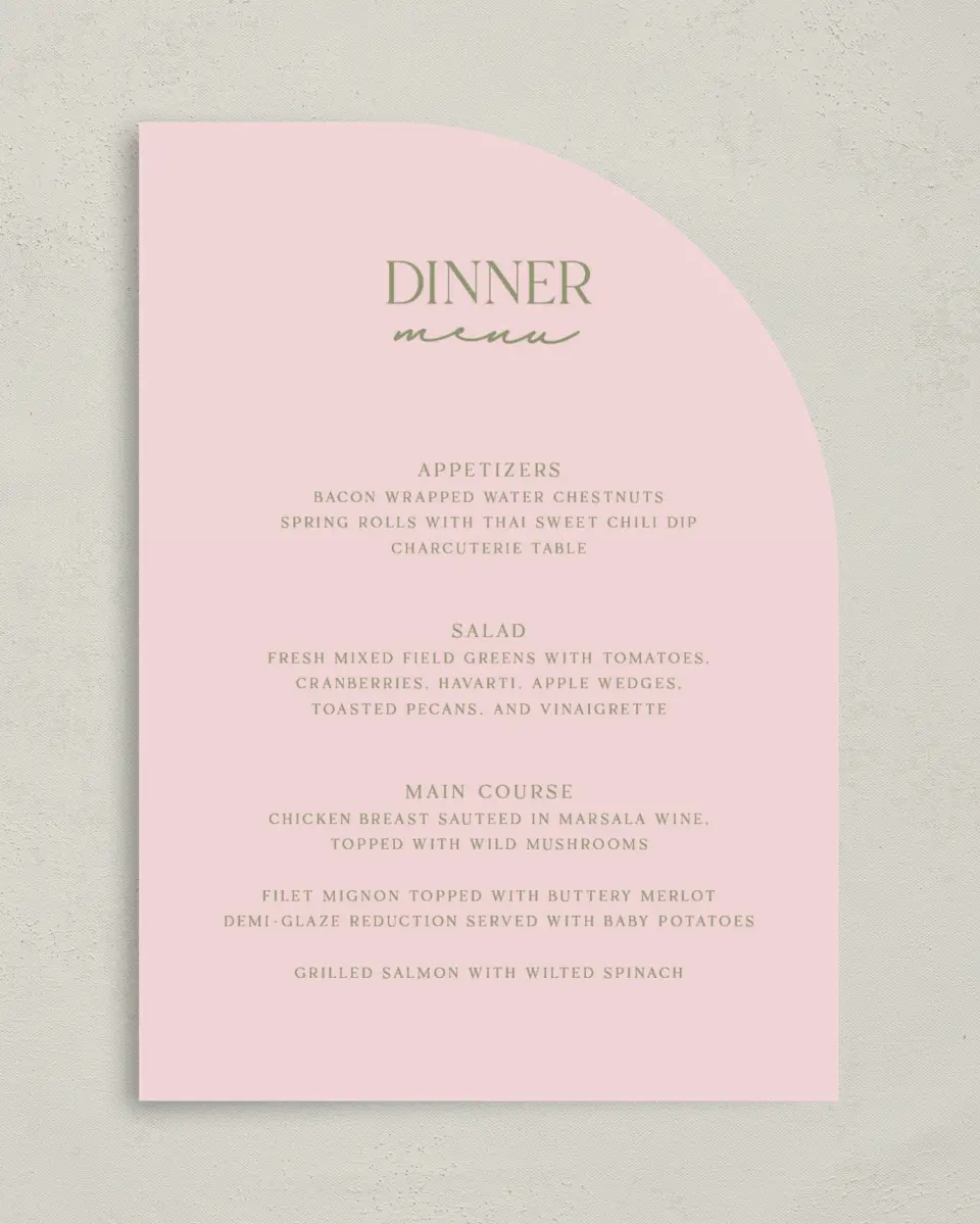 This is a 5" x 7" Wedding Menu Card called The Jolene printed in full color with Silver foil on Luxe Satin paper