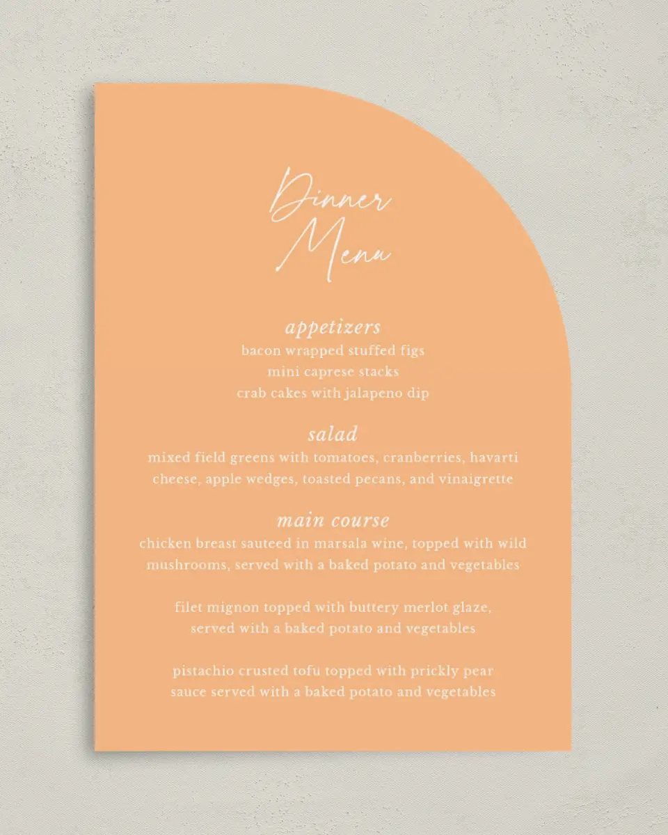 This is a 5" x 7" Wedding Menu Card called The Jess printed in full color on Premium Smooth paper