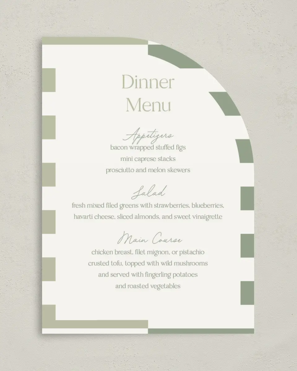 This is a 5" x 7" Wedding Menu Card called The Penelope printed in full color on Premium Smooth paper