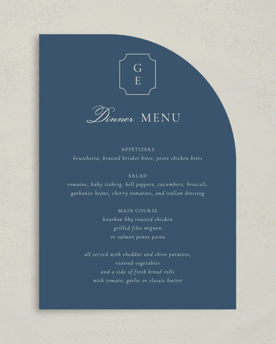 This is a 5" x 7" Wedding Menu Card called The Georgia printed in full color on Premium Smooth paper
