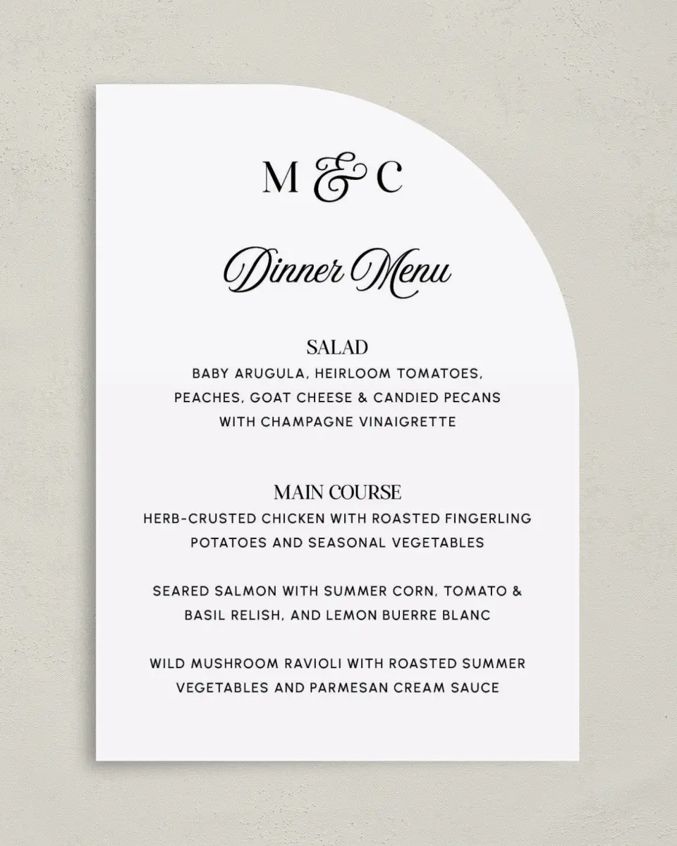 This is a 5" x 7" Wedding Menu Card called The Mallory printed in full color on Premium Smooth paper