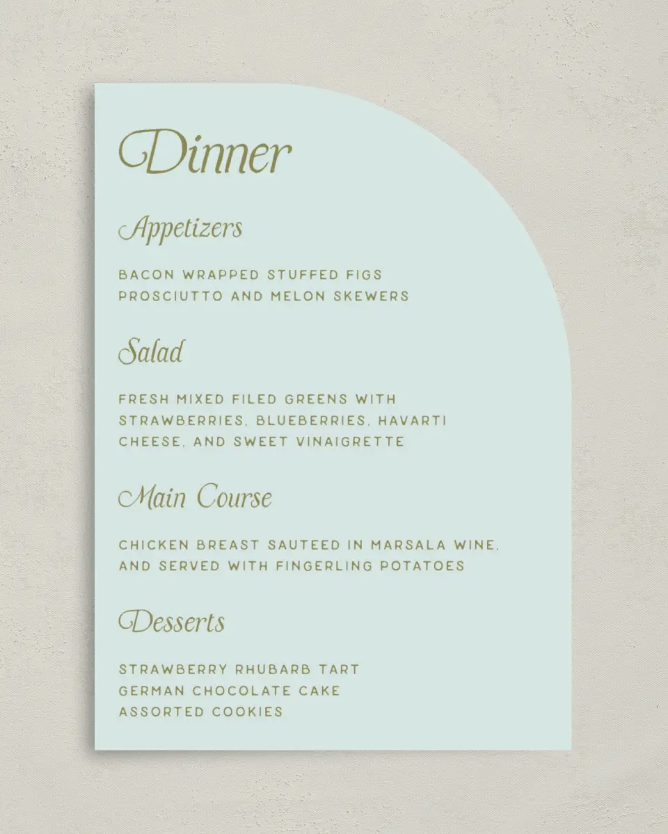 This is a 5" x 7" Wedding Menu Card called The Rosemary printed in full color on Premium Smooth paper