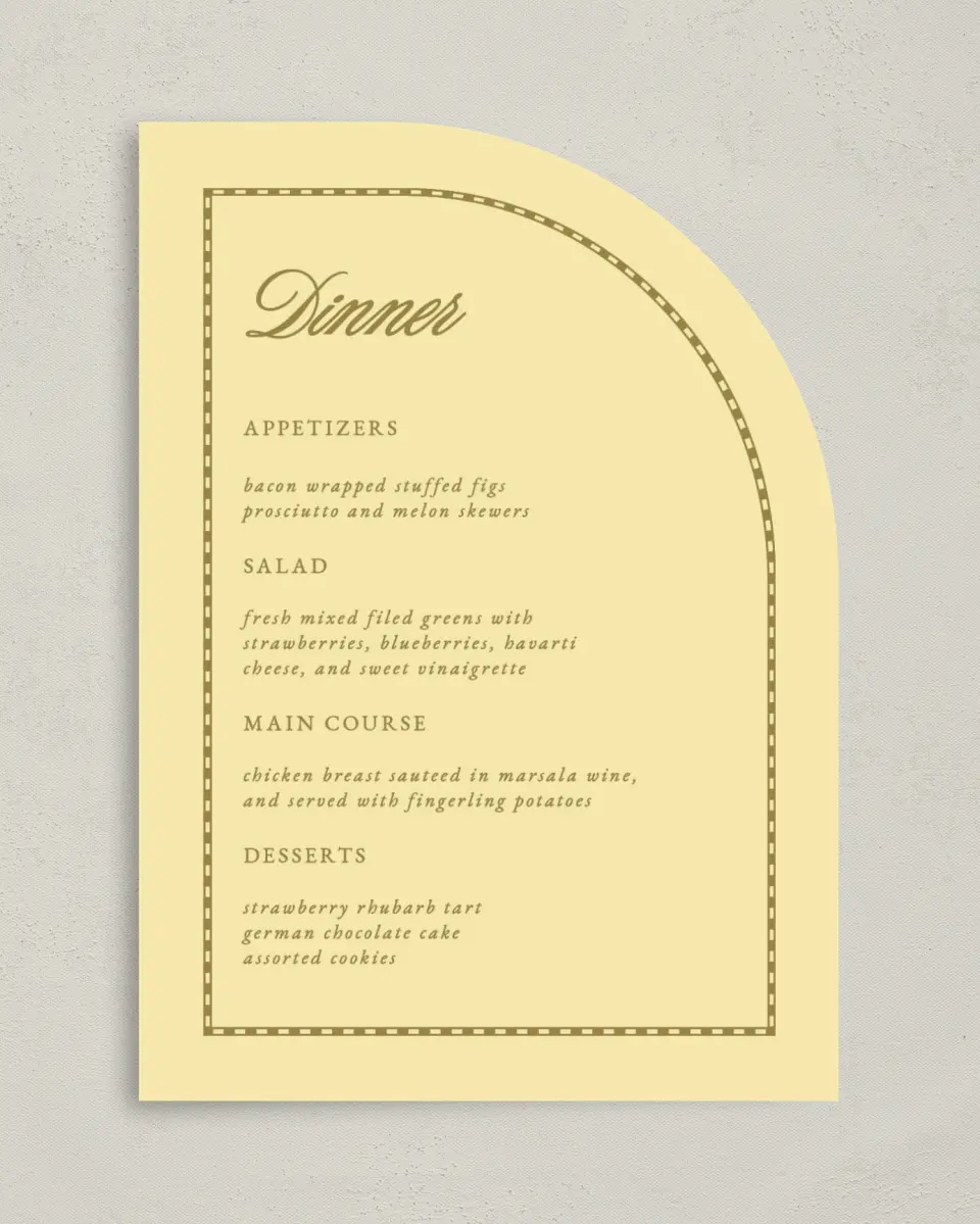 This is a 5" x 7" Wedding Menu Card called The Jillian printed in full color on Premium Smooth paper