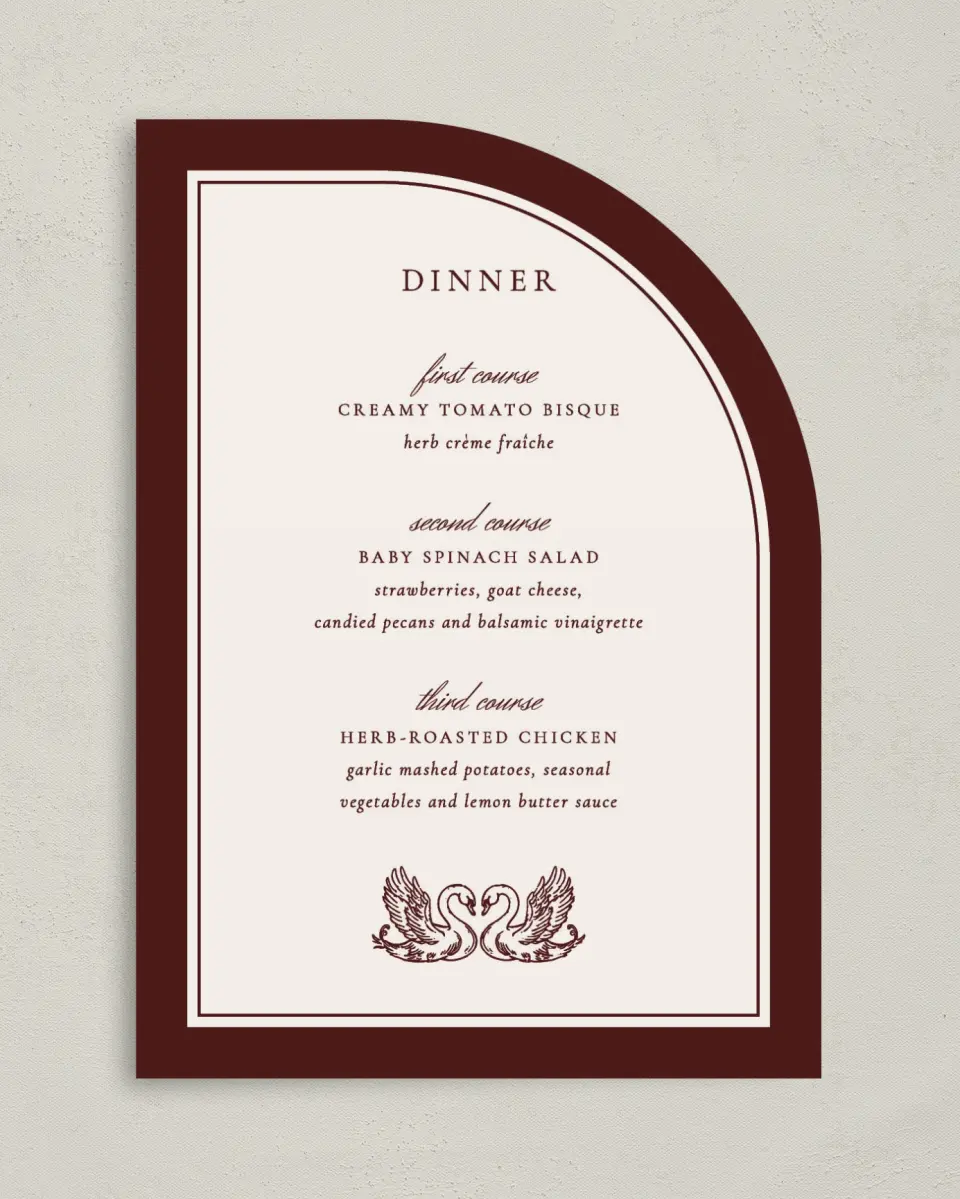 This is a 5" x 7" Wedding Menu Card called Swan Song printed in full color on Premium Smooth paper