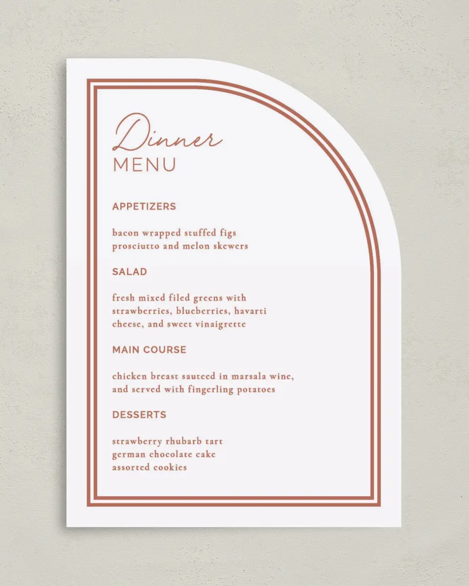 This is a 5" x 7" Wedding Menu Card called The Chelsea printed in full color on Premium Smooth paper