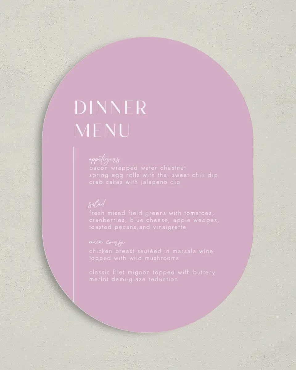 This is a 5" x 7" Wedding Menu Card called The Brooklyn printed in full color on Premium Smooth paper