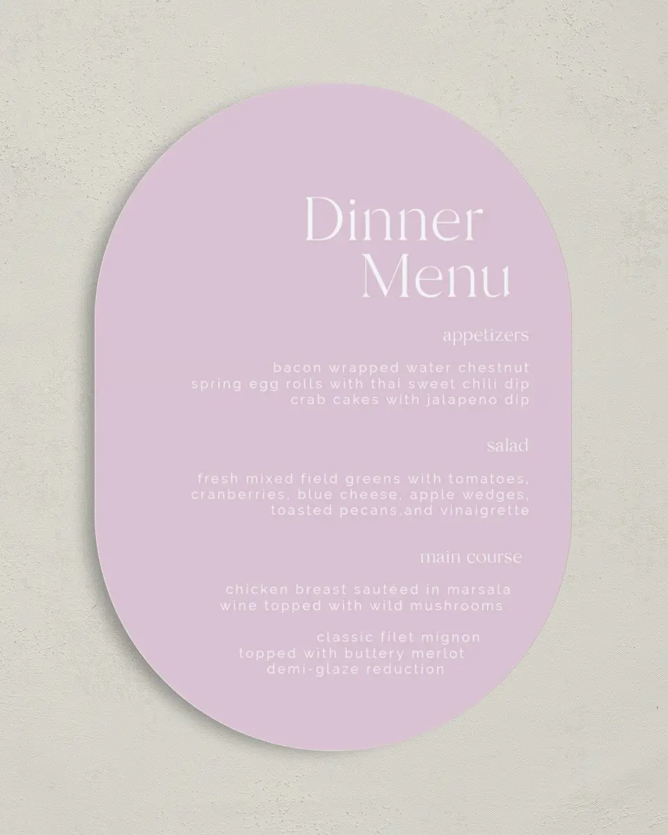 This is a 5" x 7" Wedding Menu Card called The Morgan printed in full color on Premium Smooth paper