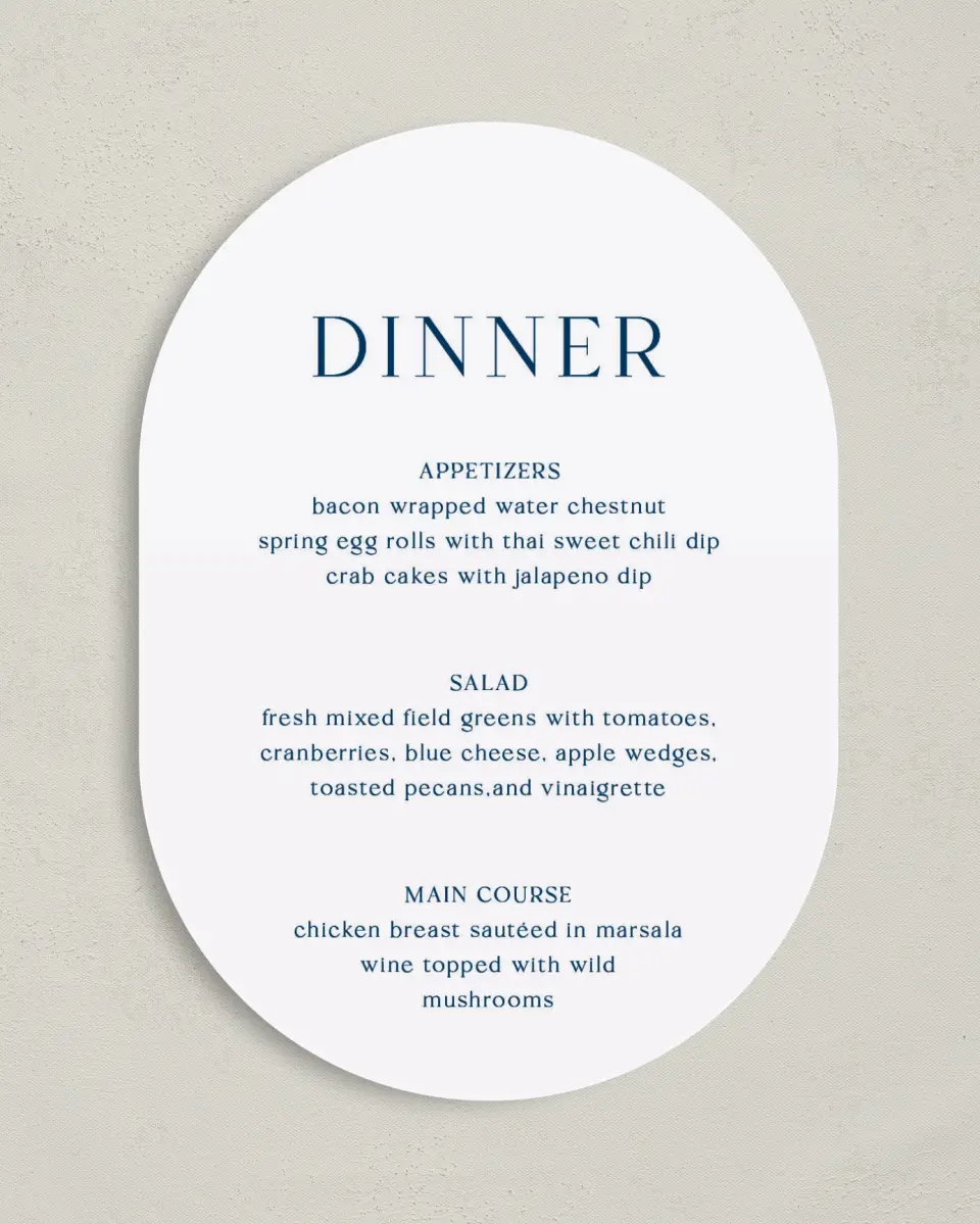 This is a 5" x 7" Wedding Menu Card called The Sophia printed in full color on Premium Smooth paper