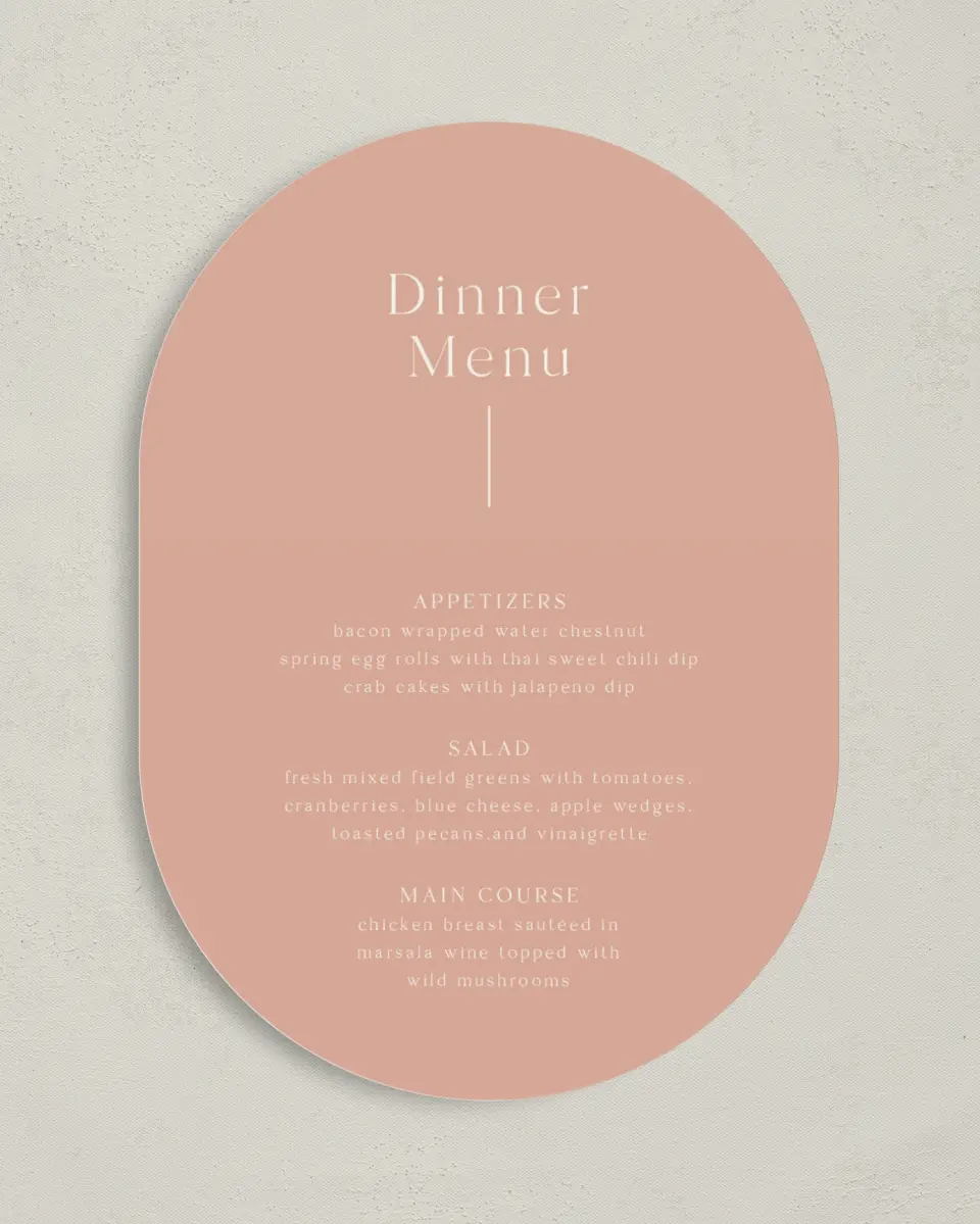 This is a 5" x 7" Wedding Menu Card called The Aubrielle printed in full color on Premium Smooth paper