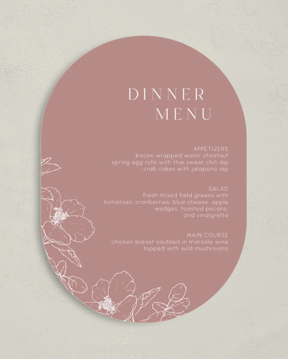 This is a 5" x 7" Wedding Menu Card called The Kinsley printed in full color with Silver foil on Luxe Satin paper