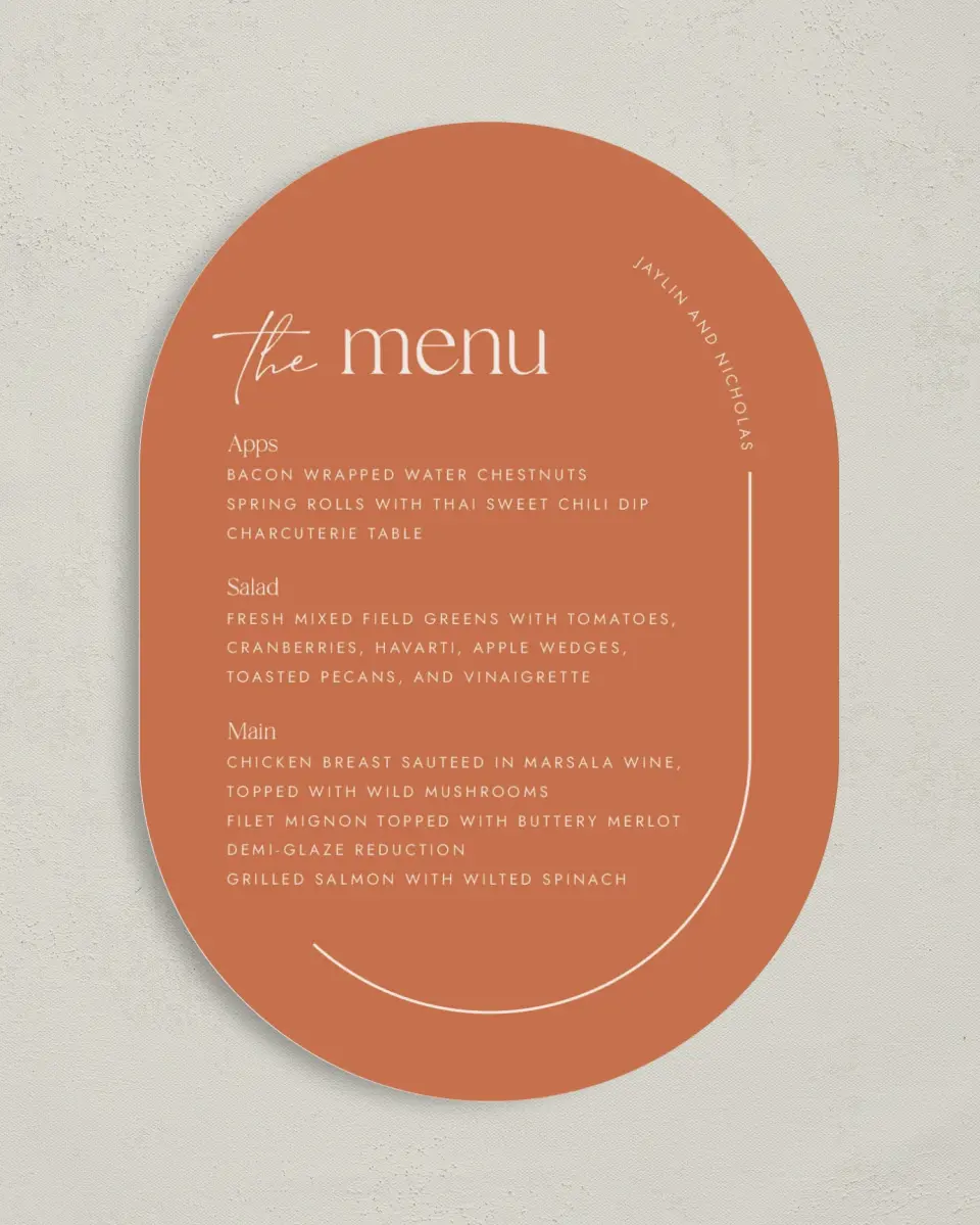 This is a 5" x 7" Wedding Menu Card called The Jaylin printed in full color on Premium Smooth paper