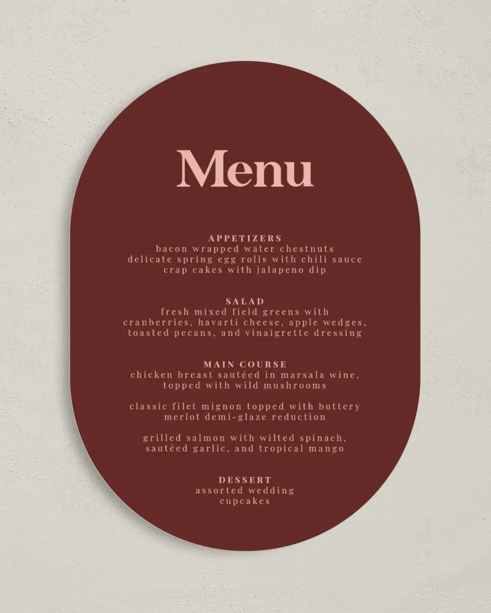 This is a 5" x 7" Wedding Menu Card called The Laura printed in full color on Premium Smooth paper