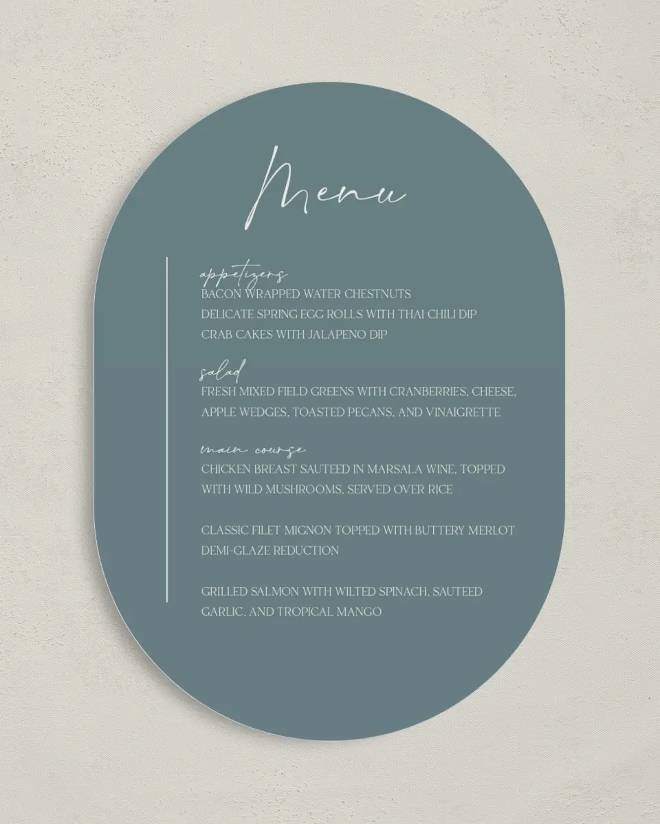 This is a 5" x 7" Wedding Menu Card called The Ashlynn printed in full color on Premium Smooth paper