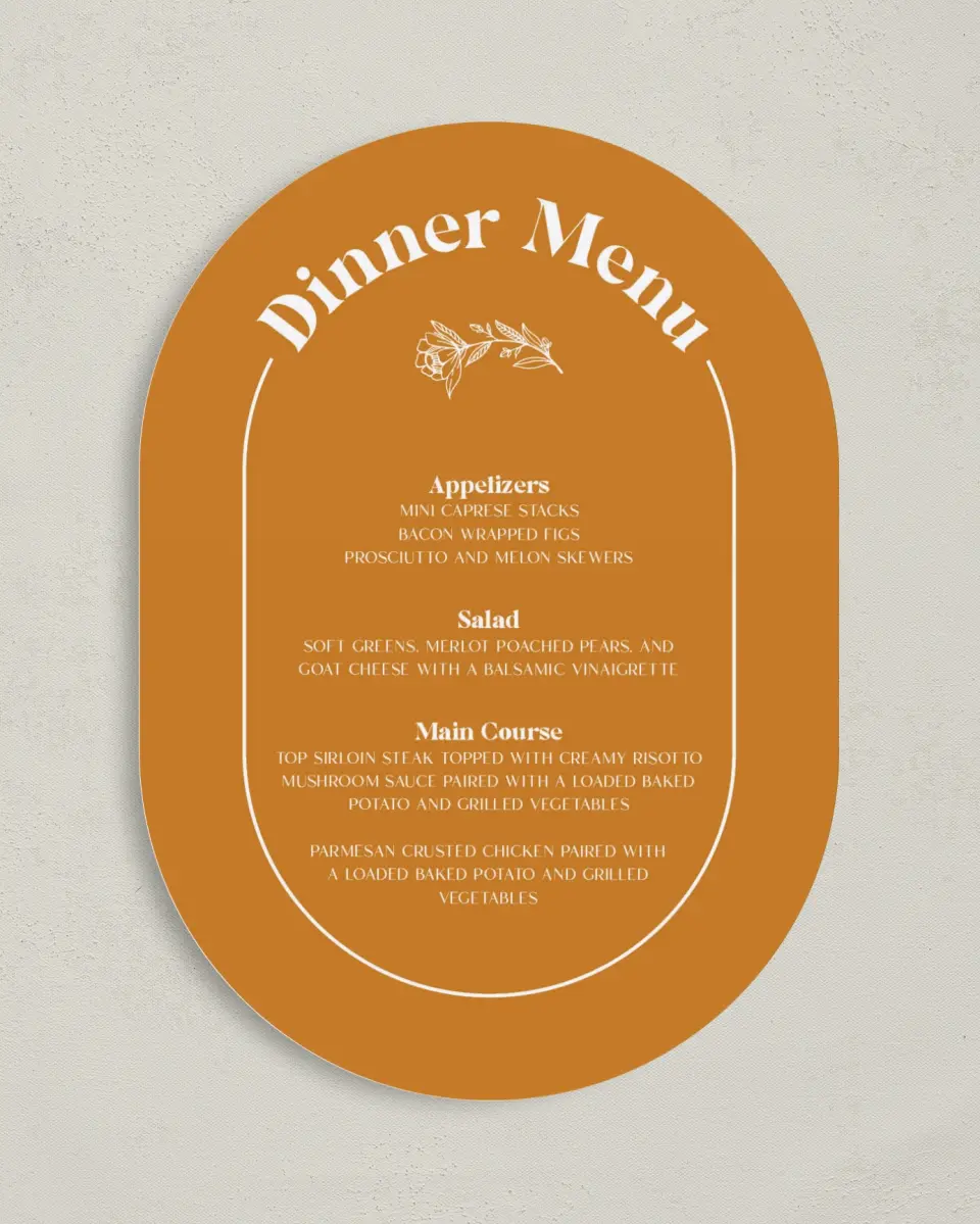 This is a 5" x 7" Wedding Menu Card called The Kandice printed in full color on Premium Smooth paper